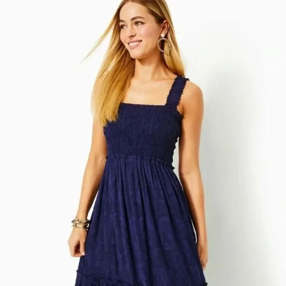Lilly Pulitzer Hadley Smocked Maxi Dress in Navy Blue Crepe Swirl - Picture 3 of 13